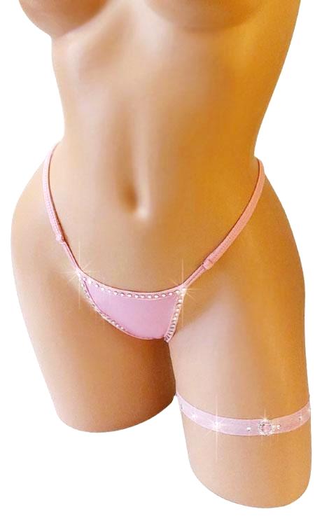 Wet Look Vinyl Garter Set – Adjustable Thong, Crystal Rhinestones, Exotic Dancewear