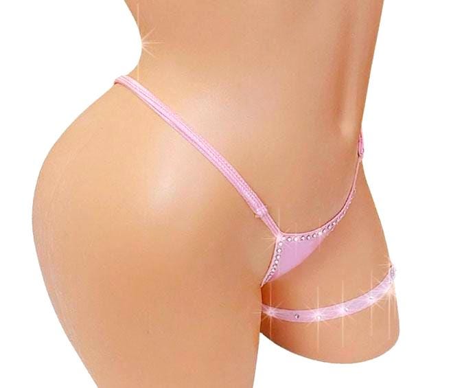 Wet Look Vinyl Garter Set – Adjustable Thong, Crystal Rhinestones, Exotic Dancewear