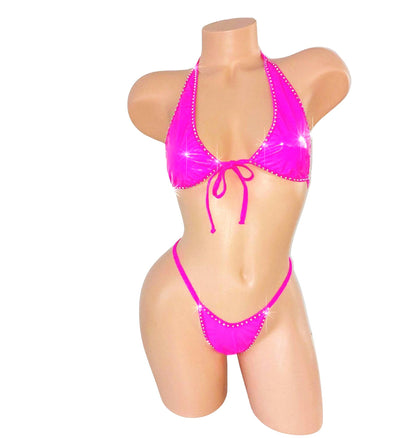 Wet Look Vinyl Rhinestone G-string Bikini Set - 7 colors!
