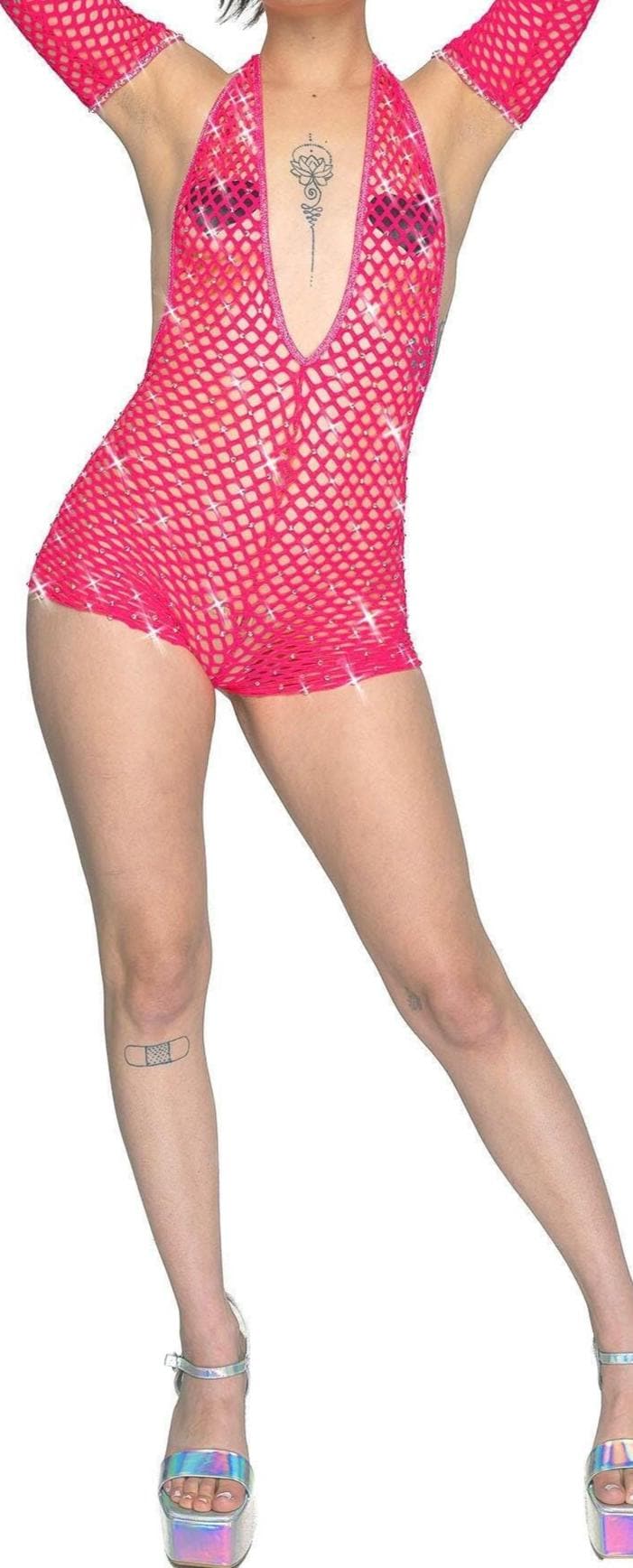 Fishnet rhinestone one piece - crystal Romper Bartender outfit