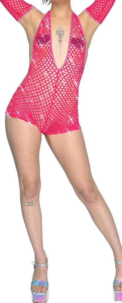 Fishnet rhinestone one piece - crystal Romper Bartender outfit