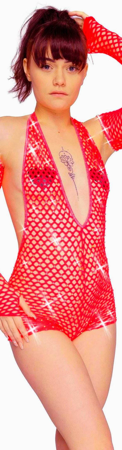 Fishnet rhinestone one piece - crystal Romper Bartender outfit
