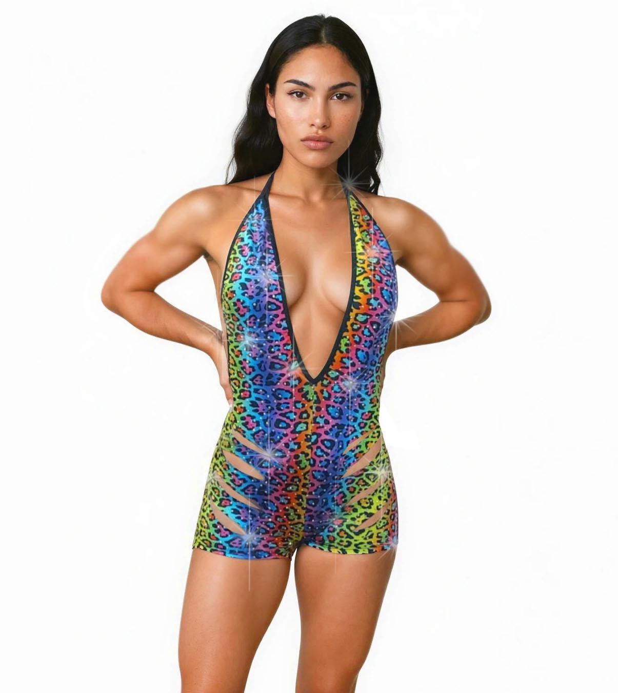 PRIDE Rainbow Leopard Rhinestone Cutout Romper – Dancer Pole Exotic Lingerie Outfit