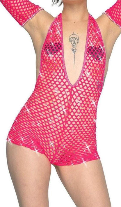 Beach coverup Club outfit Fishnet rhinestone one piece - crystal Romper Bartender outfit