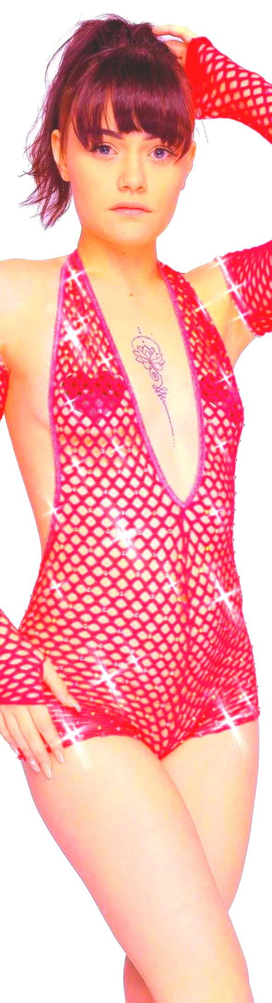 Beach coverup Club outfit Fishnet rhinestone one piece - crystal Romper Bartender outfit