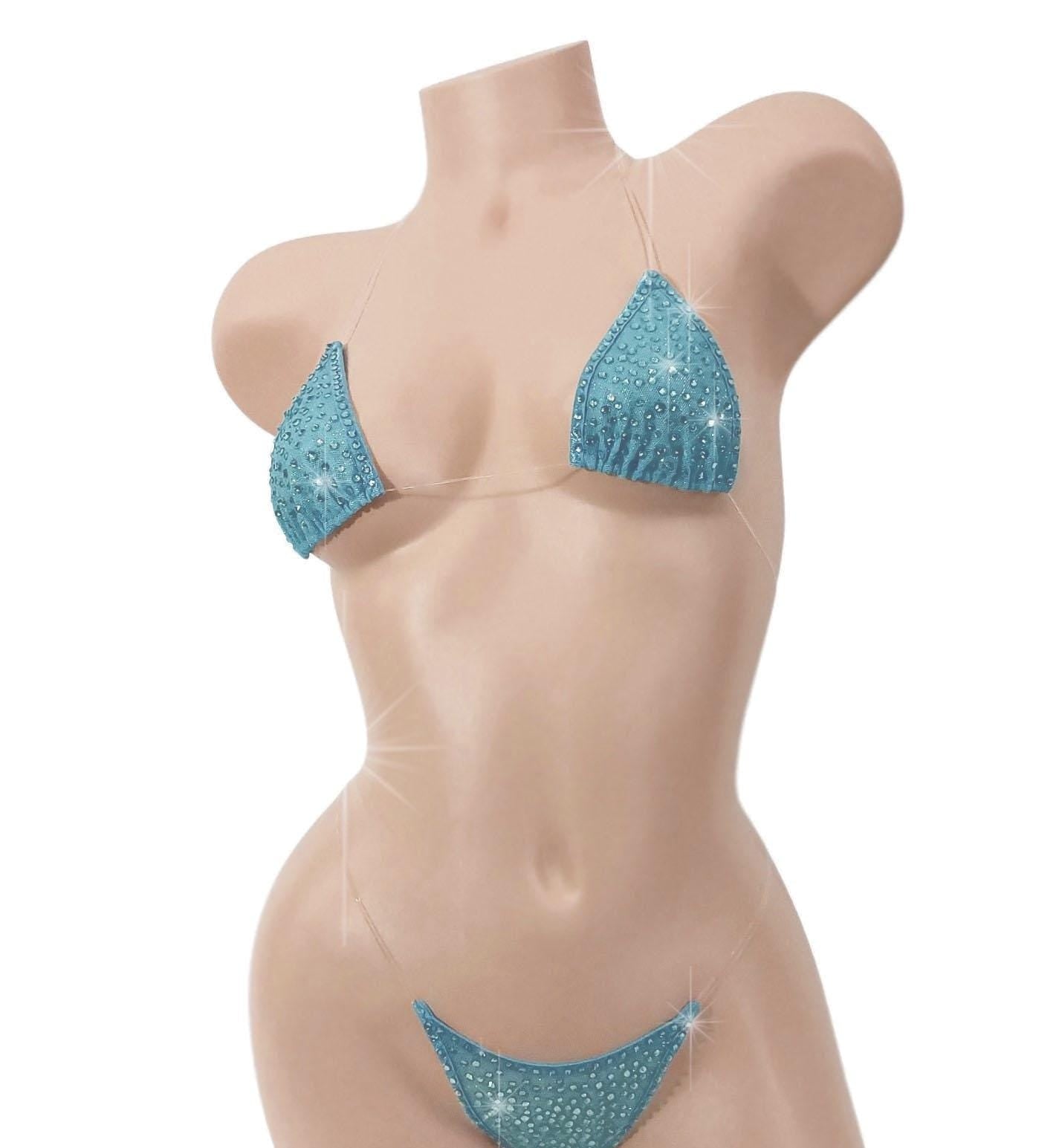 Sky Blue Sparkle Mesh clear elastic G-string bikini set. TONS of Rhinestones! 5 Mix & Match sizes- Stripper fits Exotic dancewear Rave Pole