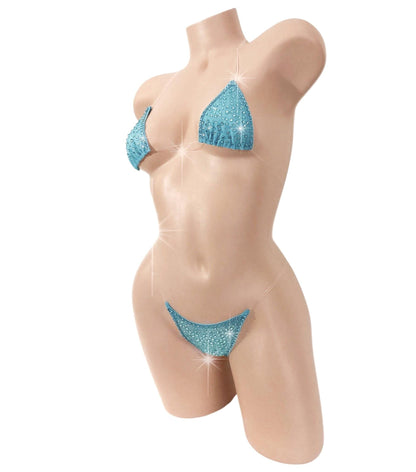 Sky Blue Sparkle Mesh clear elastic G-string bikini set. TONS of Rhinestones! 5 Mix & Match sizes- Stripper fits Exotic dancewear Rave Pole