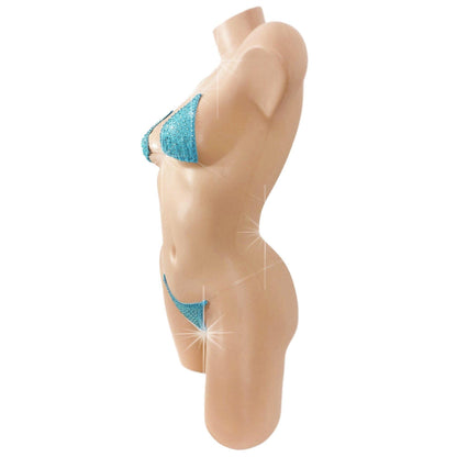 Sky Blue Sparkle Mesh clear elastic G-string bikini set. TONS of Rhinestones! 5 Mix & Match sizes- Stripper fits Exotic dancewear Rave Pole