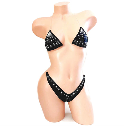 Clear invisible elastic two piece thong string bikini Black with Rhinestones