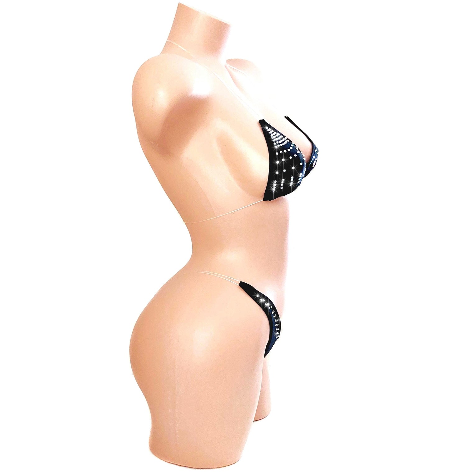 Clear invisible elastic two piece thong string bikini Black with Rhinestones
