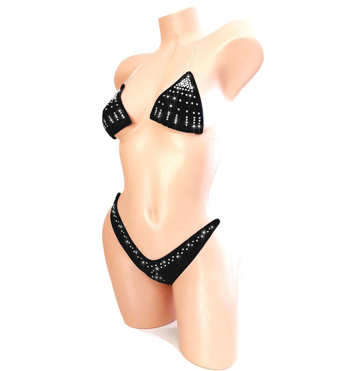 Clear invisible elastic two piece thong string bikini Black with Rhinestones