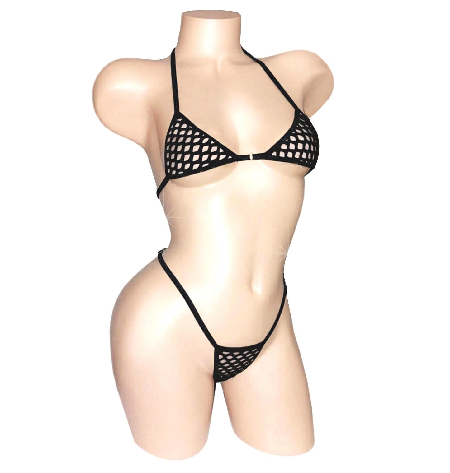 Fluffy Fishnet bikini Set * Adjustable waist Thong * 9 colors including Glow Rave