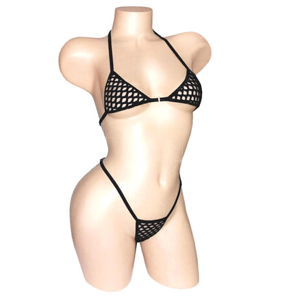 Fluffy Fishnet bikini Set * Adjustable waist Thong * 9 colors including Glow Rave