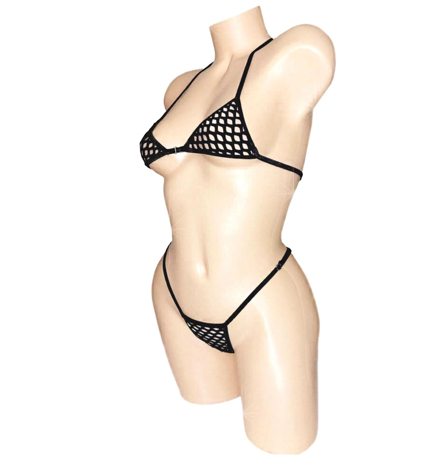 Fluffy Fishnet bikini Set * Adjustable waist Thong * 9 colors including Glow Rave