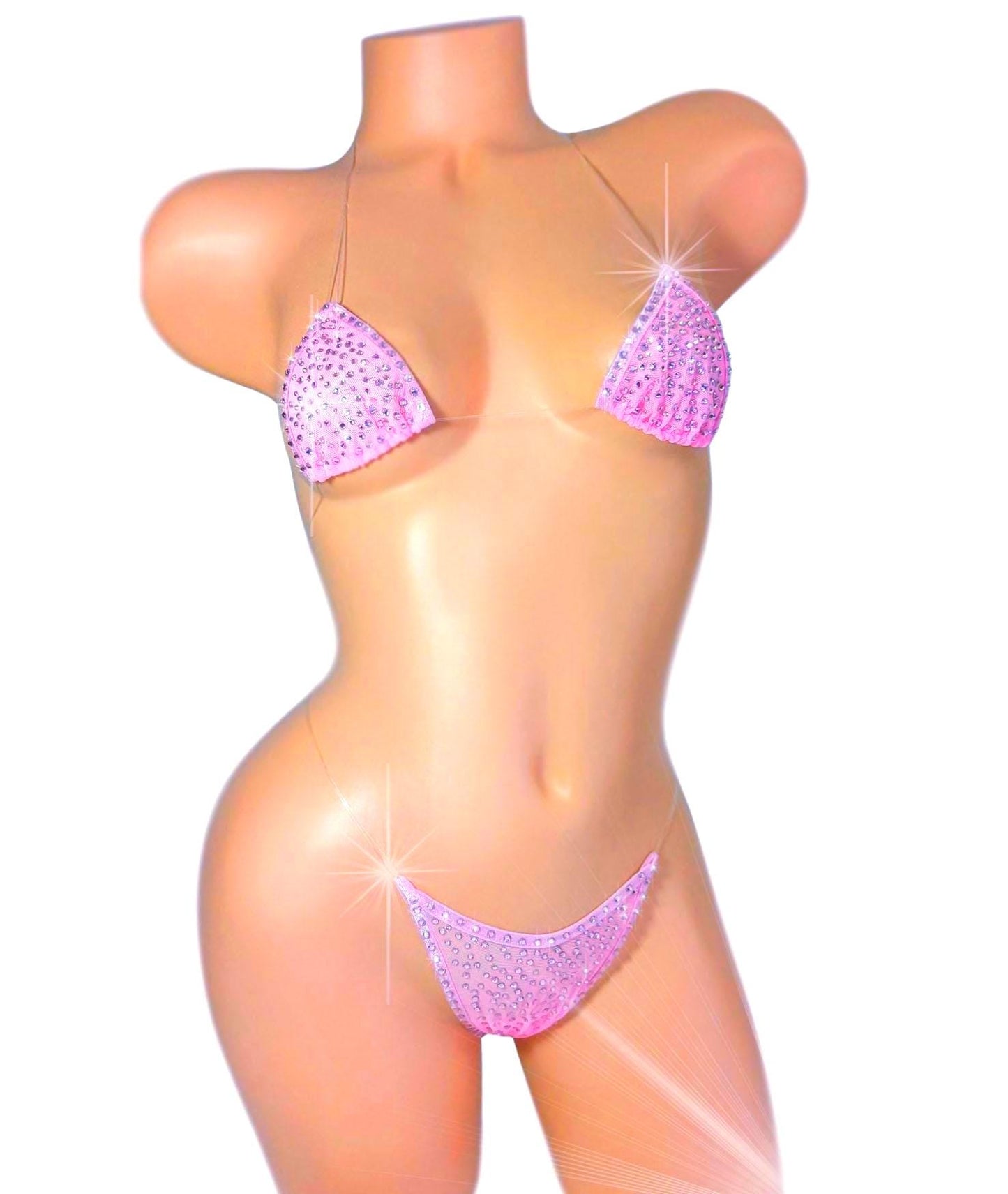 Baby Pink mesh Illusion G-string Bikini Set * Hand applied Crystal rhinestones* Five Sizes Mix & Match * Exotic Dancewear Pole Micro