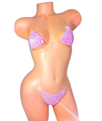 Baby Pink mesh Illusion G-string Bikini Set * Hand applied Crystal rhinestones* Five Sizes Mix & Match * Exotic Dancewear Pole Micro