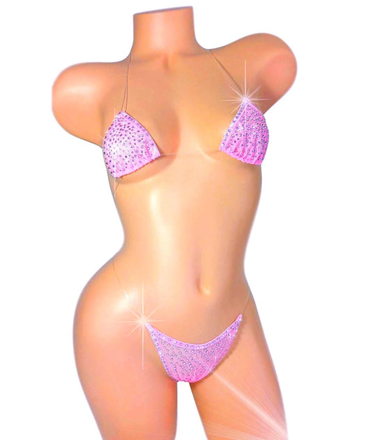 Baby Pink mesh Illusion G-string Bikini Set * Hand applied Crystal rhinestones* Five Sizes Mix & Match * Exotic Dancewear Pole Micro