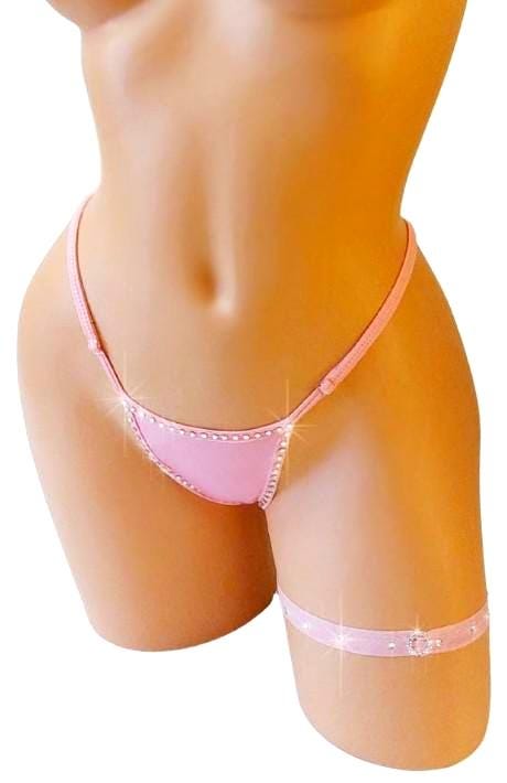Rhinestone Thong & Garter SET  - Wet Look Vinyl