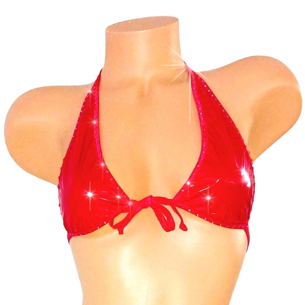 Wet Look Vinyl Rhinestone G-string Bikini Set - 7 colors!