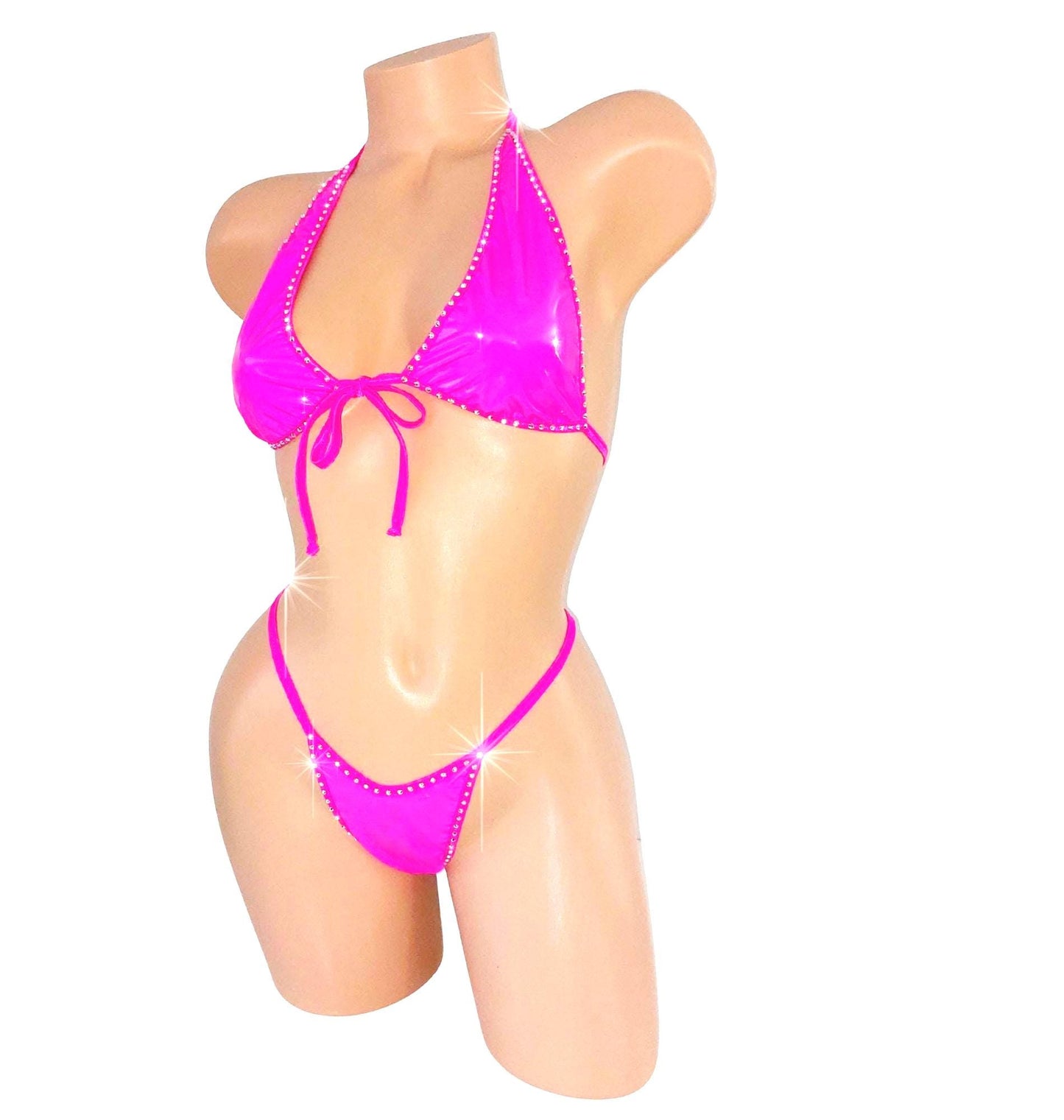 Wet Look Vinyl Rhinestone G-string Bikini Set - 7 colors!