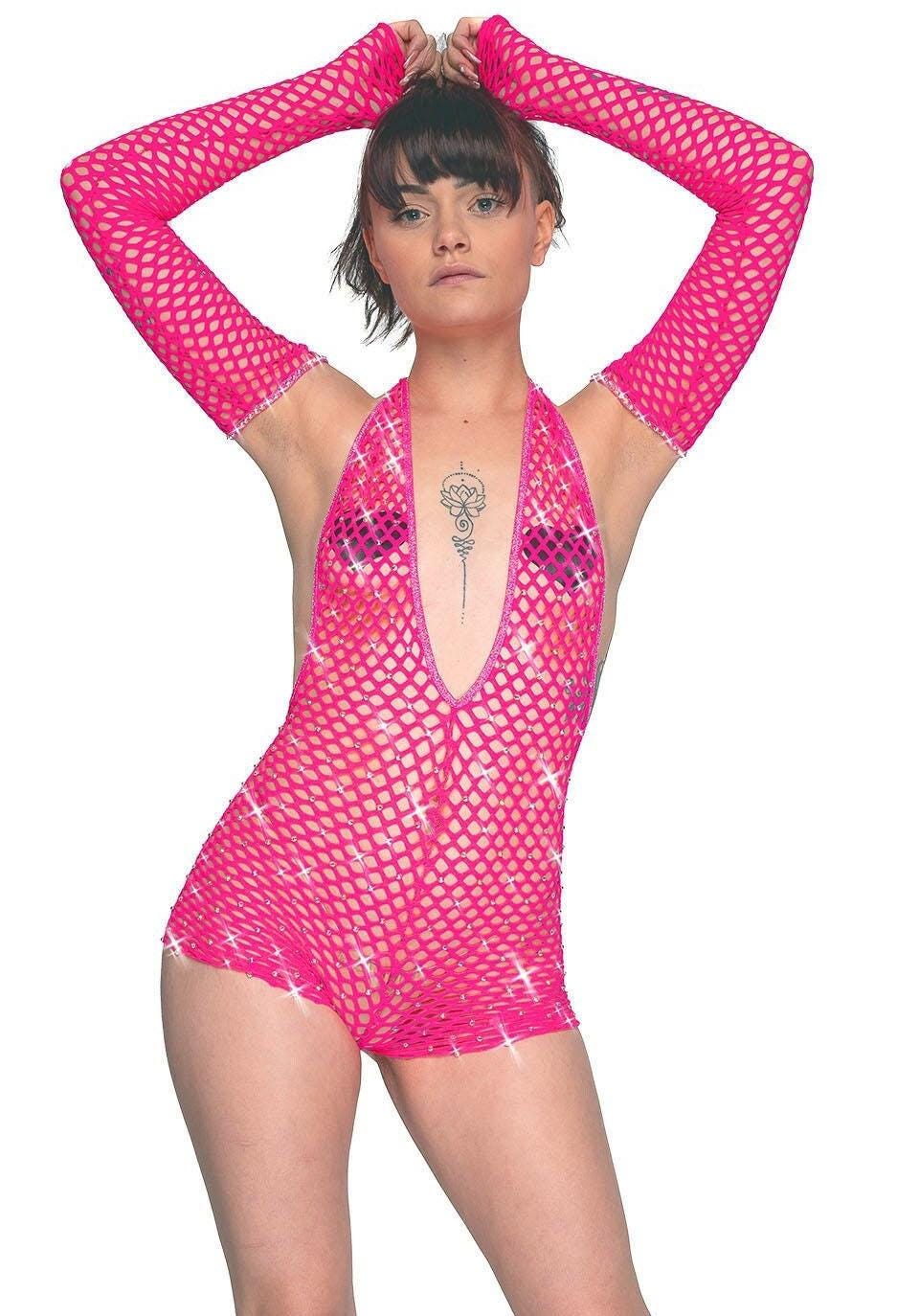 Beach coverup Club outfit Fishnet rhinestone one piece - crystal Romper Bartender outfit