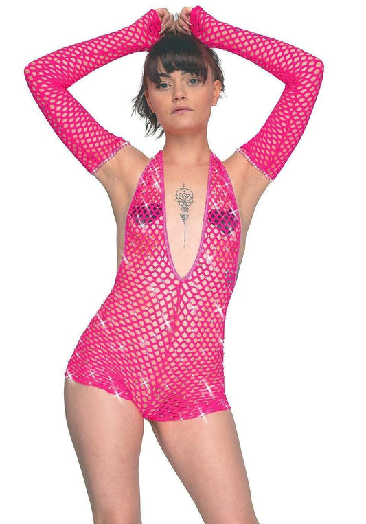Beach coverup Club outfit Fishnet rhinestone one piece - crystal Romper Bartender outfit