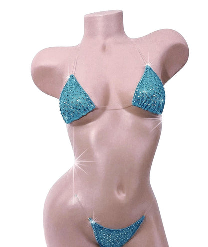 Sky Blue Sparkle Mesh clear elastic G-string bikini set. TONS of Rhinestones! 5 Mix & Match sizes- Stripper fits Exotic dancewear Rave Pole