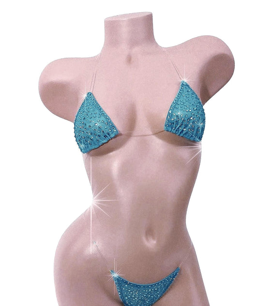 Sky Blue Sparkle Mesh clear elastic G-string bikini set. TONS of Rhinestones! 5 Mix & Match sizes- Stripper fits Exotic dancewear Rave Pole