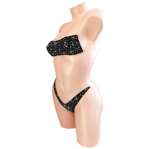 Rhinestone Bandeau Bikini Set – Elastic, Adjustable Straps, Exotic Dancewear