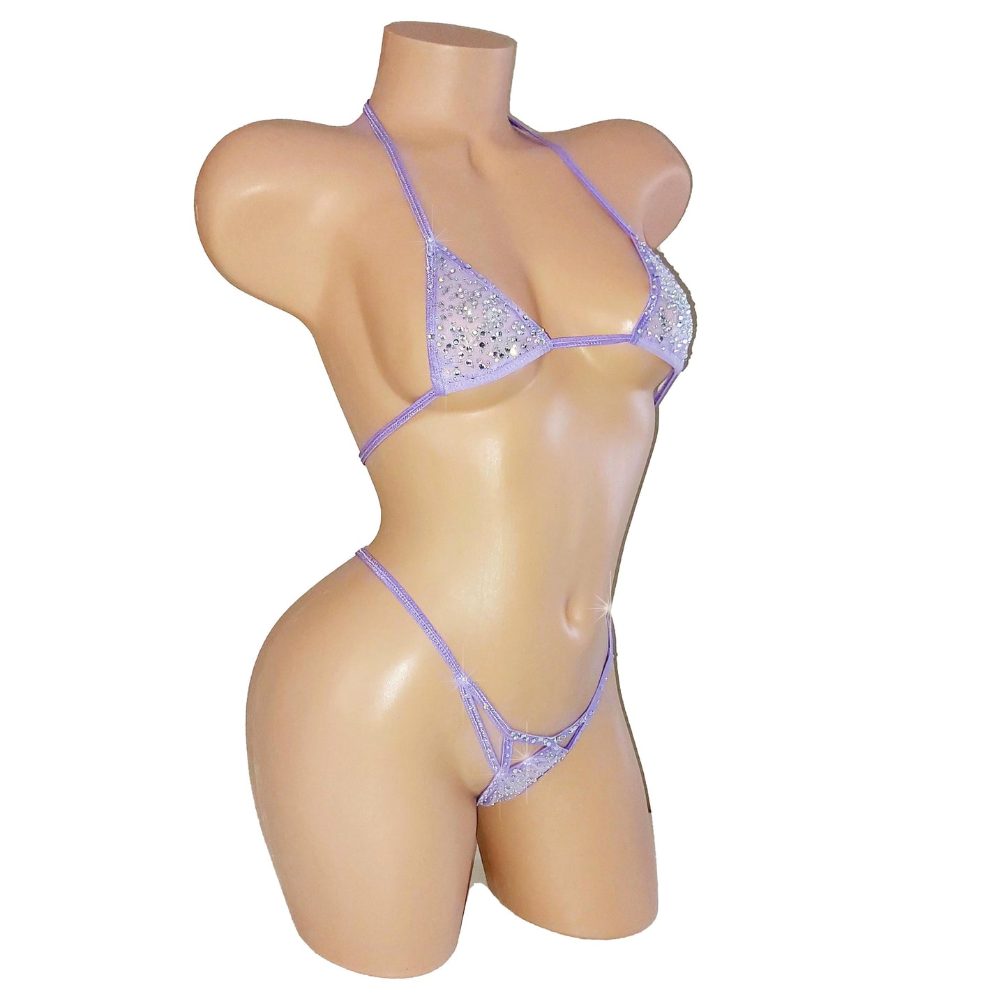 Lavender mesh G-string Bikini Set * Adjustable straps * Crystal rhinestones  * 5 Mix & Match Sizes  * Exotic Dancewear Pole Micro