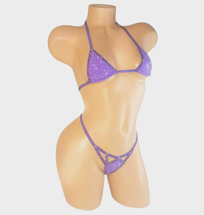Sparkle Rhinestone Cutout bikini Set with Adjustable waist Thong