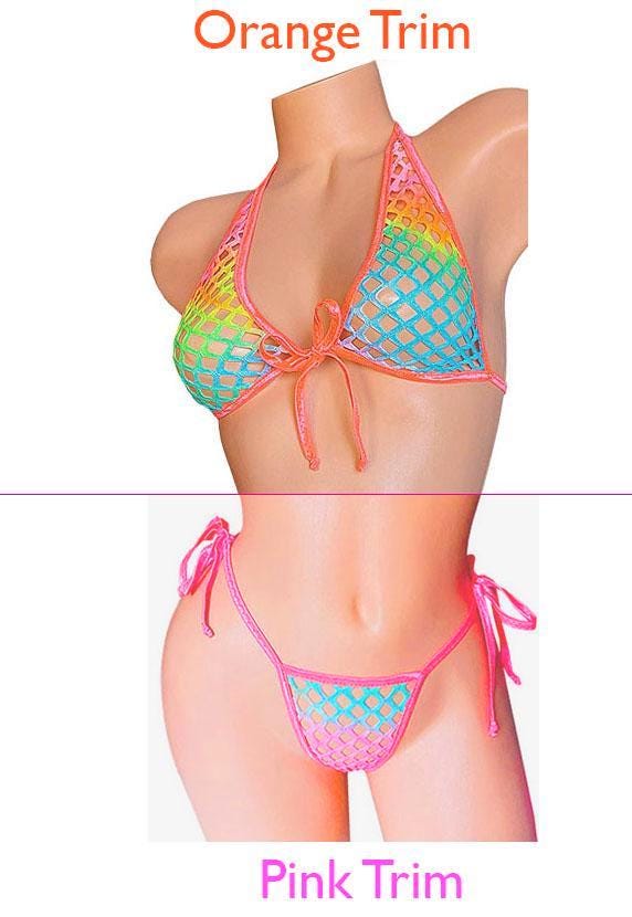 PRIDE Rainbow Rhinestone Fluffy Fishnet Thong  -  UV reactive