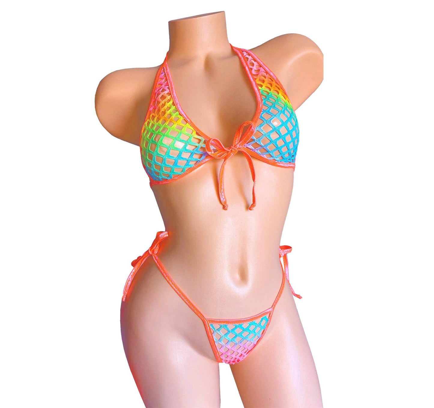 PRIDE Rainbow Fishnet Rave Outfit: Black Light Bikini, Exotic Dancewear