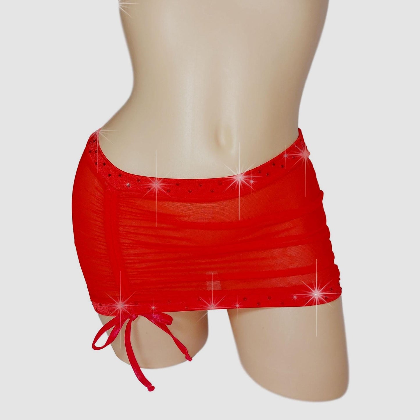 Drawstring Rhinestone Mesh Micro Mini Skirt