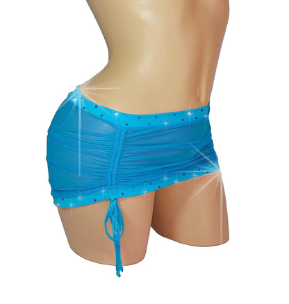 Drawstring Rhinestone Mesh Micro Mini Skirt