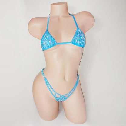 Wide back Cobalt Blue mesh G-string Bikini Set * Adjustable straps * Crystal rhinestones  * XS-XL  * Exotic Dancewear Pole Micro