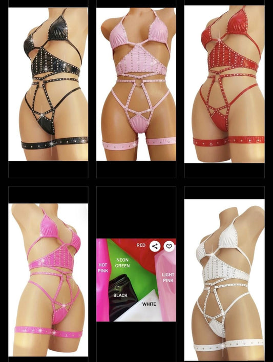 6 colors - Rhinestone Vinyl Micro corset halter set