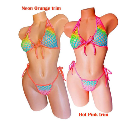 PRIDE Rainbow Fishnet Rave Outfit: Black Light Bikini, Exotic Dancewear