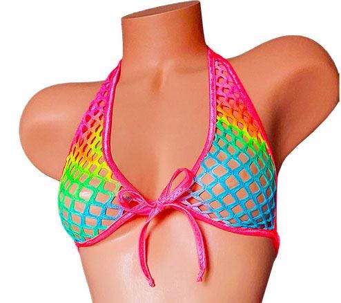 PRIDE Fishnet Halter Top  - 3 trim colors - Glow in black light