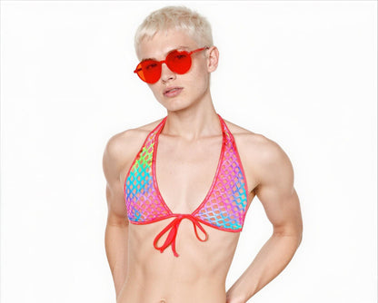 PRIDE Rainbow Fishnet Rave Halter set : glows in black light