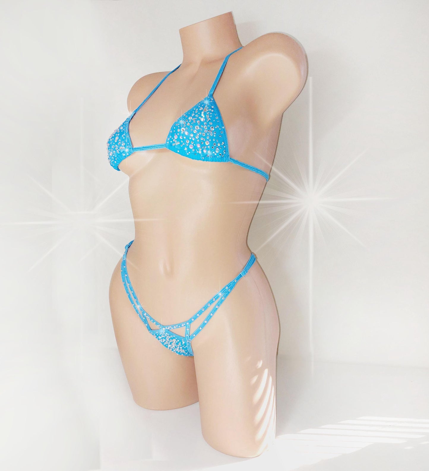 Wide back Cobalt Blue mesh G-string Bikini Set * Adjustable straps * Crystal rhinestones  * XS-XL  * Exotic Dancewear Pole Micro
