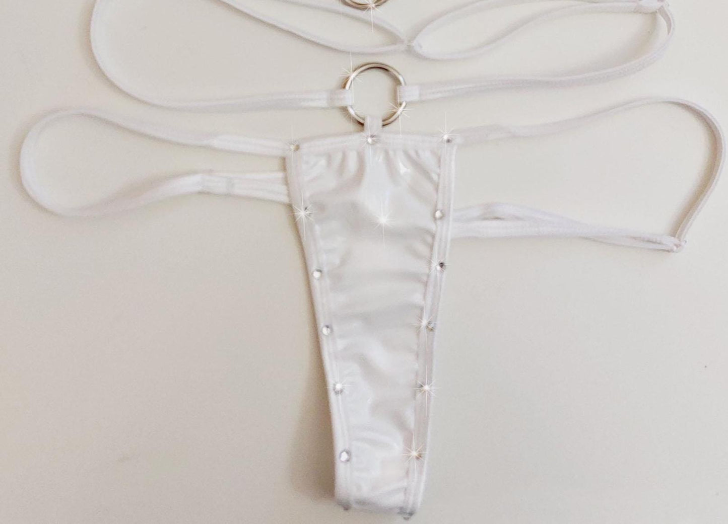 WET LOOK Vinyl -  Ring Rhinestone Bedazzled Thong: Adjustable straps  * 6 COLORS *