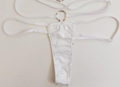 WET LOOK Vinyl -  Ring Rhinestone Bedazzled Thong: Adjustable straps  * 6 COLORS *