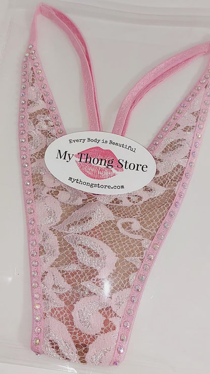 Baby Pink Lace with Crystal Rhinestones - Fully lined - designs for Rave, exotic Dancewear, Stripper outfits, Pole Dance