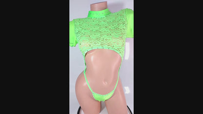 Glow Green black light Lace one piece covered in Rhinestones! Adjustable thong. Open sleeve fits all arms. Tie back adjustable. Designs for Stripper outfits, Exotic Dancewear, Pole Dance, SW lingerie, Rave