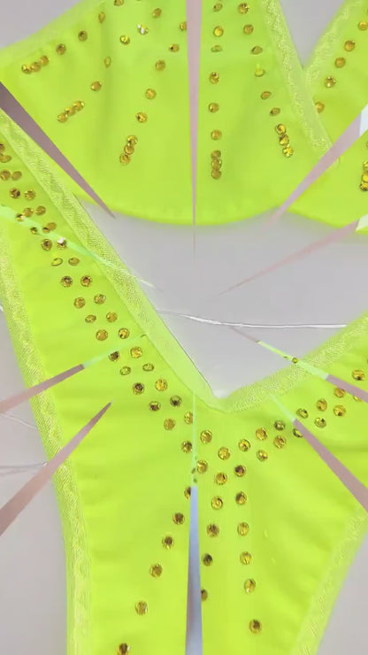 Neon Yellow Rhinestone Thong Bikini – Glows in Black Light