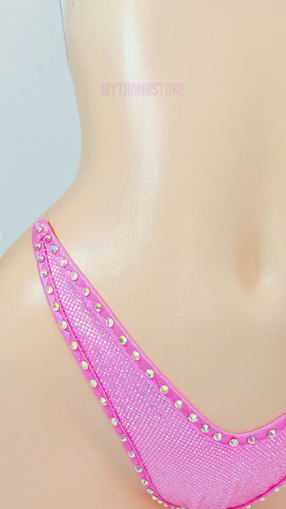 Pink Hologram rhinestone bikini with clear Elastic adjustable straps: AA-DD cup & XS to XL bottoms * stripper outfits - exotic dancewear - poledance fits