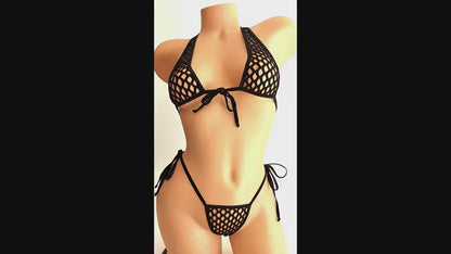 Black Fishnet Lined Halter Set – Tie Thong, Rave Dancewear (AA-DD Cup)