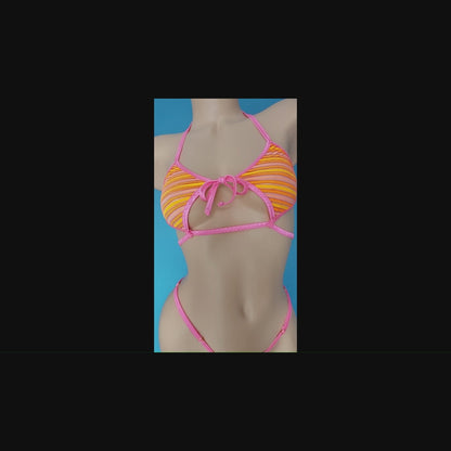 Orange Stripe & Pink strappy semi-sheer adjustable bikini set! Stripper outfits, poledance, exotic dancewear