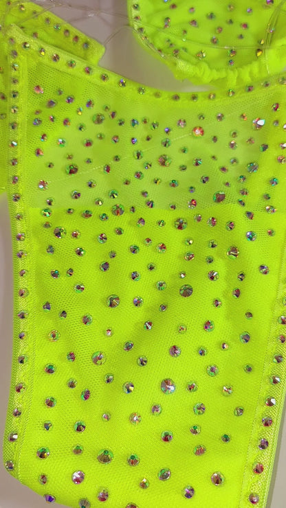 Glow Yellow Mesh * Tons of sparkle! Black light Clear Illusion elastic bikini- AA to DD, XS to XL - Sexy exotic dancer outfits